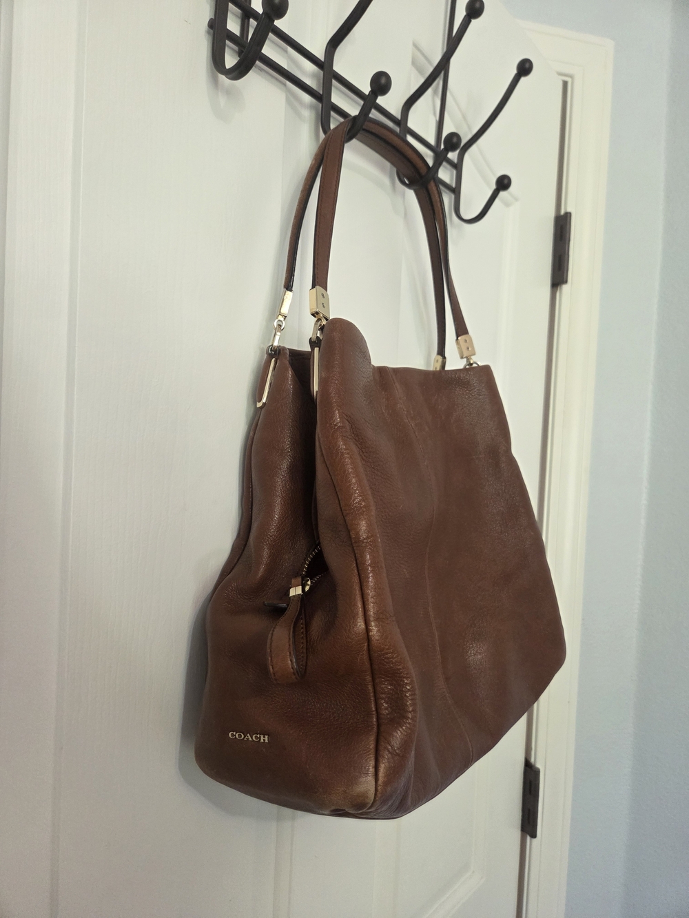 COACH Madison Phoebe Brown Pebbled Leather Shoulder Bag Crimson Red Lining 26224
